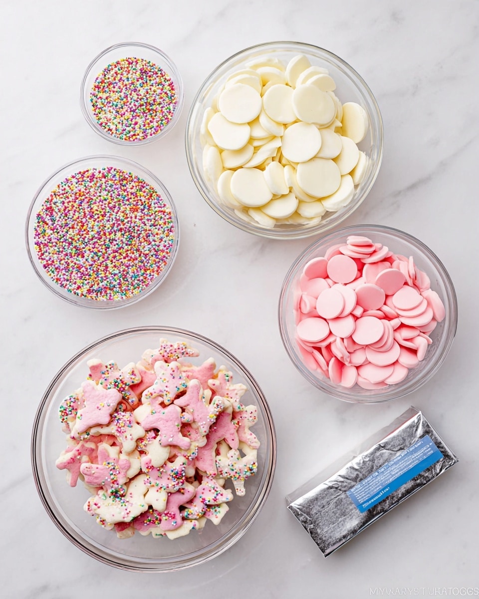 The image shows five clear glass bowls and a wrapped silver block all arranged on a white marbled surface. The largest bowl at the bottom left is filled with pink and white animal-shaped cookies with small colorful sprinkles on them. Above it in the center top is a medium glass bowl full of flat white discs, and to its right is a slightly smaller bowl containing flat pink discs. Below these, near the bottom center is another bowl with pale pink flat discs. On the far right sits a wrapped rectangular silver block with blue text. To the top left, there is a small bowl filled with tiny multicolored round sprinkles. photo taken with an iphone --ar 4:5 --v 7