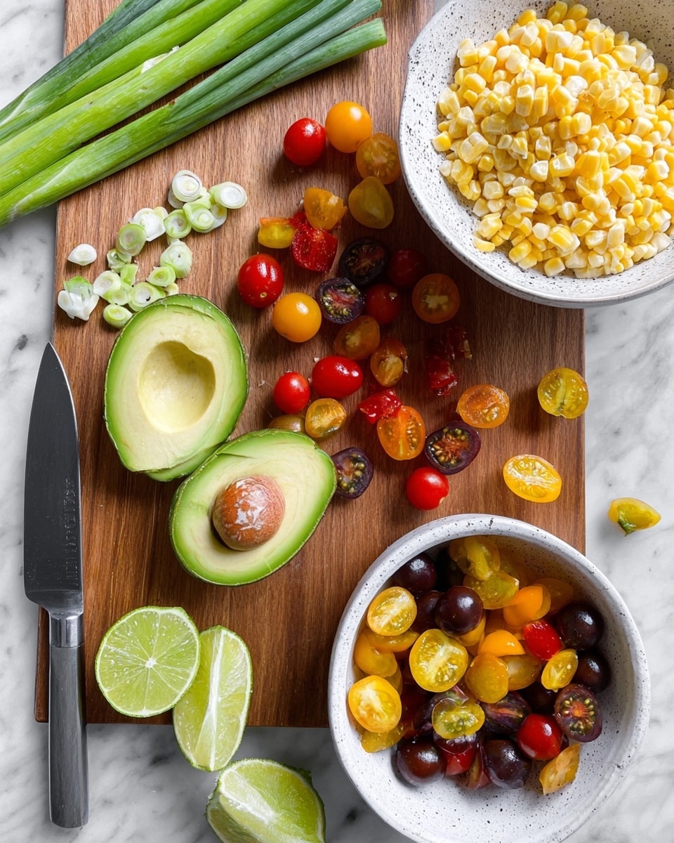 A wooden cutting board on a white marbled surface holds fresh ingredients including two avocado halves with green smooth flesh and large brown seeds, a mix of small whole cherry tomatoes in red, yellow, and dark purple in a white speckled bowl, and many cherry tomatoes cut in halves in various colors scattered nearby. There are several long green onion stalks with some sliced into small circles, arranged near a silver knife with a black handle on the left side of the board. Two lime wedges with bright green skin and juicy pale green inside rest near the bottom of the board. In the top right corner, a white bowl filled with yellow and white corn kernels adds a bright texture to the scene. Photo taken with an iphone --ar 4:5 --v 7