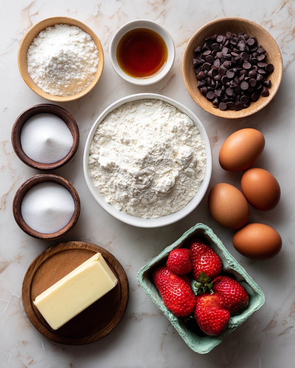 The image shows various baking ingredients arranged neatly on a white marbled surface. In the center, there is a white bowl filled with white flour. Above it, small wooden bowls hold white baking powder, light brown vanilla extract, and white salt. To the right, a wooden bowl is filled with dark mini chocolate chips. Below the flour bowl, a small brown bowl contains white sugar. To the bottom left, a white bowl holds sour cream and next to it is a pale yellow stick of butter. On the right side, two brown eggs rest in a green egg tray, and next to them is a small white square bowl filled with vibrant red strawberries, one strawberry cut in half showing its red interior. The overall setup is clean, with each ingredient clearly visible and labeled. Photo taken with an iphone --ar 4:5 --v 7
