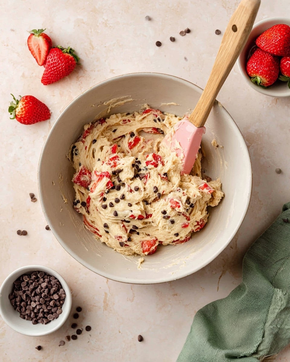 A white bowl filled with creamy, light beige cookie dough mixed with small dark chocolate chips and bright red chopped strawberries scattered evenly throughout. A wooden spatula with a light wooden handle and a pink silicone tip rests inside the bowl, its tip partially covered in the dough mixture. Around the bowl, on a white marbled surface, there are two halves of fresh strawberries and two small white bowls nearby – one containing more chopped strawberries and the other filled with tiny chocolate chips. A soft green cloth is casually placed near the right side of the bowl. The photo taken with an iphone --ar 4:5 --v 7