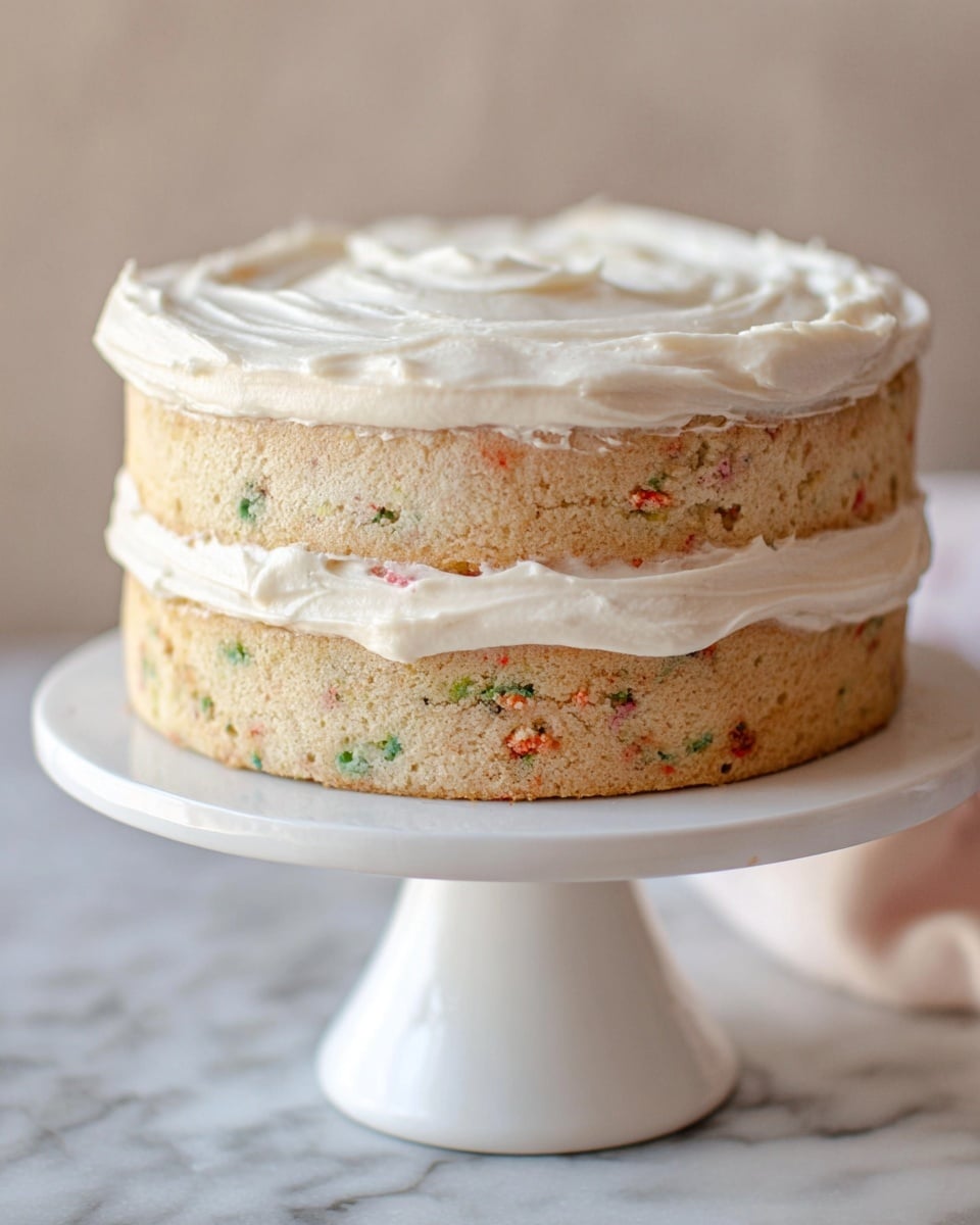 The image shows a two-layer cake on a white pedestal cake stand placed on a white marbled surface. The bottom layer is a light brown cake with small colorful specks inside, and it sits on the stand. Above it, there is a thick layer of white frosting with a creamy texture spread unevenly, connecting the bottom layer to the top cake layer. The top layer is the same light brown cake with colorful specks, topped with a thick, smooth layer of white frosting covering the whole surface including the edges, with soft swirling patterns. The background is softly blurred with a neutral tone. Photo taken with an iphone --ar 4:5 --v 7