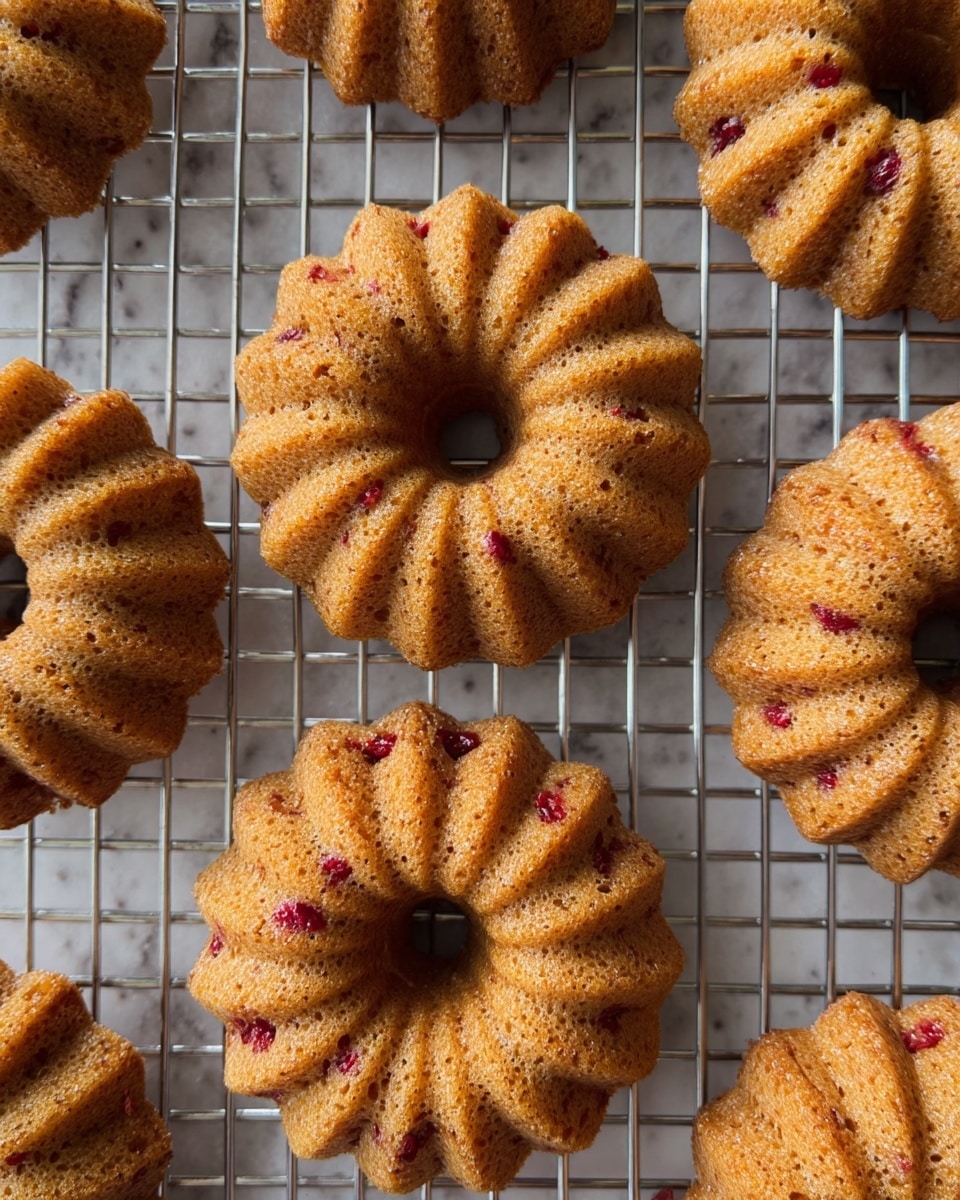 The image shows several small round cakes with a ring shape and ridged texture, arranged in a grid on a metal cooling rack. The cakes are light brown with small bits of red fruit or berry pieces scattered inside, giving them a speckled look. Each cake has sharp, defined ridges running from the inner hole to the outer edge, showing a fluted design. The background underneath the rack is a white marbled texture, creating a clean and simple look. Photo taken with an iphone --ar 4:5 --v 7