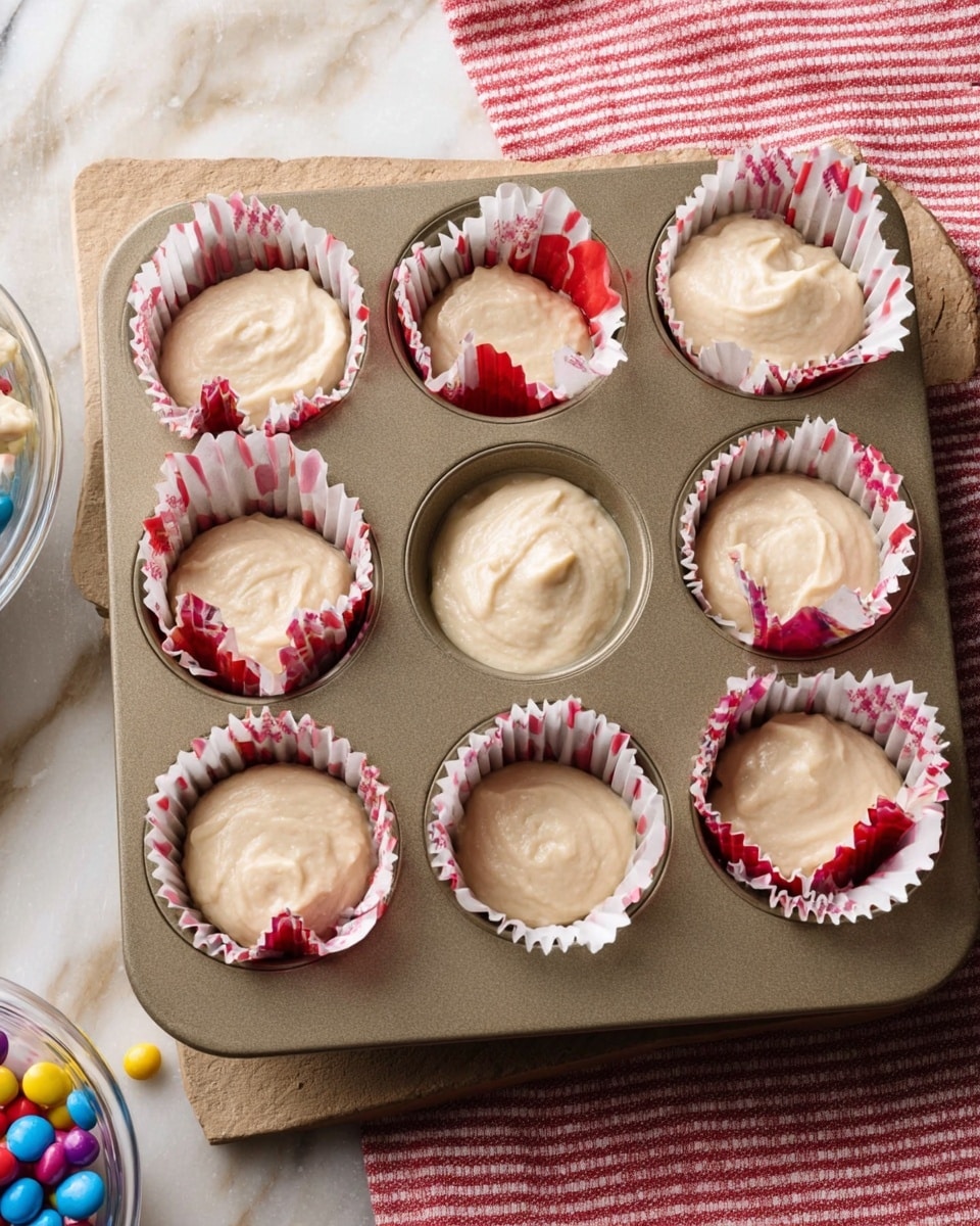 A baking tray with eight muffin cups lined with red, white, and pink patterned paper liners, each filled halfway with a smooth, light beige batter. Inside each cup, there is one colorful marble or glass bead partially embedded near the edge, showing bright colors like orange, blue, green, and red. The tray rests on a white marbled surface with a red and white striped cloth nearby and a small clear bowl containing more colorful beads to the side. The batter looks creamy and softly textured, sitting inside the liners with slightly uneven spread tops. photo taken with an iphone --ar 4:5 --v 7