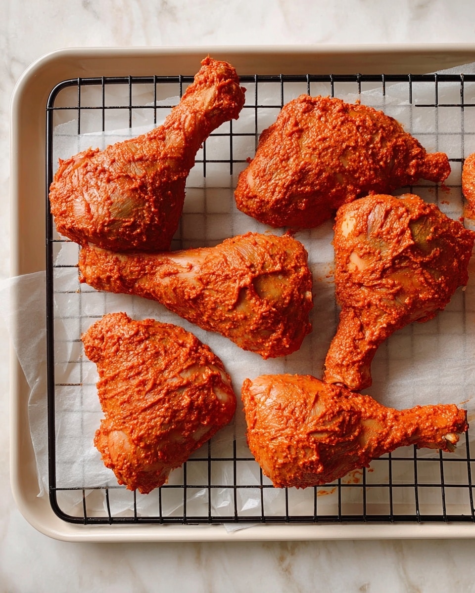 Five pieces of raw chicken legs covered with a thick layer of bright reddish-orange marinade, showing a coarse texture that suggests a blend of spices and ingredients. The chicken pieces are arranged on a black wire rack over a white tray with parchment paper lining it. The background surface is a white marbled texture. The arrangement and the vivid color of the marinade stand out clearly, showing the preparation stage before cooking. Photo taken with an iphone --ar 4:5 --v 7
