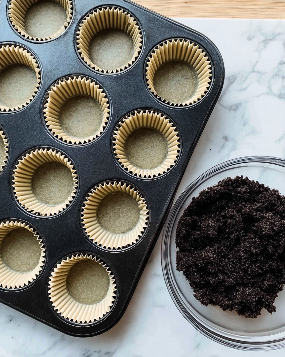 A black metal cupcake tray with twelve empty beige paper liners arranged neatly in three rows of four cups each is placed on a white marbled surface. To the right of the tray, a clear glass bowl holds a dark, crumbly mixture that looks like crushed cookies or chocolate crumbs. The background and surface are white marble, highlighting the contrast with the black tray and dark mixture. Photo taken with an iphone --ar 4:5 --v 7
