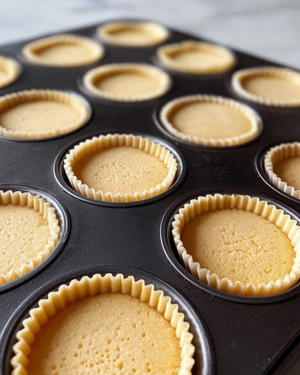 A close-up view of a dark metal muffin tray filled with nine small tart shells that are evenly spaced, each having a light golden color and slightly textured surface with small holes. The tart shells have fluted edges that look smooth and neat, and all sit inside paper liners that add a thin, ridged layer around each shell. The tray is resting on a white marbled surface visible in the blurry background, giving a clean and bright setting for the baking scene. photo taken with an iphone --ar 4:5 --v 7