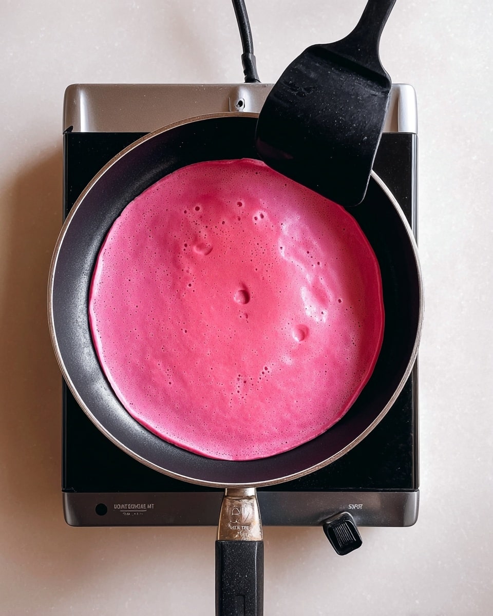 A bright pink pancake is cooking in a black frying pan on a small silver electric stove. The pancake is smooth with small bubbles and covers almost the entire pan, showing rounded edges. A black spatula is lifting one side of the pancake. The surface under the stove is a white marbled texture. photo taken with an iphone --ar 4:5 --v 7