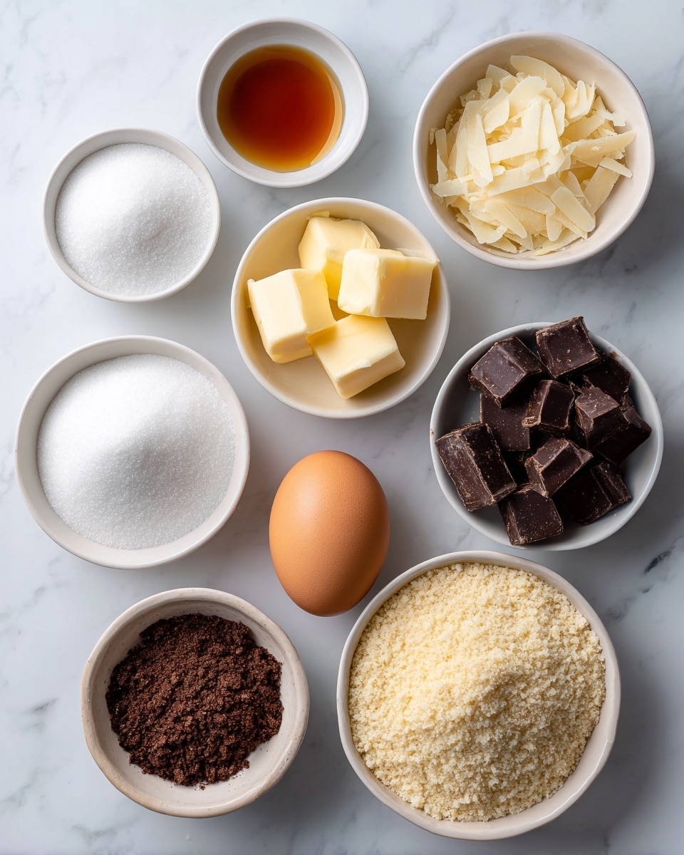 The image shows eight small white bowls arranged on a white marbled surface, each with a different ingredient. The top row has white sugar, vanilla extract in a clear amber liquid, thin flaked almond slices, and yellow butter cut into small cubes in a bowl. The bottom row holds dark chocolate pieces in chunks, brown sugar with a coarse texture, a small bowl of baking soda which is a fine white powder, and a bowl filled with almond meal showing a pale beige, grainy texture. A brown egg is placed among the bowls, standing out with its smooth and shiny shell. photo taken with an iphone --ar 4:5 --v 7