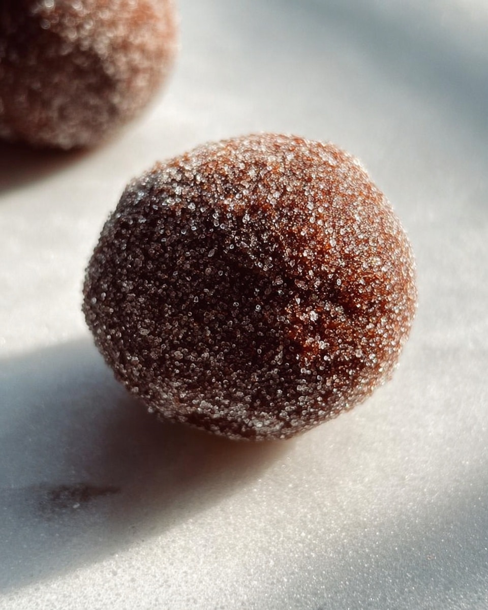 The image shows a close-up of a single round chocolate ball covered in sugar crystals. Its surface is rough and sparkly with the sugar glistening under bright light, giving a textured look. The chocolate ball rests on a light white marbled surface with bright highlights and soft shadows, and part of another similar chocolate ball is visible blurred in the background. The light source creates a soft contrast on the sugar coating, showing the uneven texture clearly. photo taken with an iphone --ar 4:5 --v 7