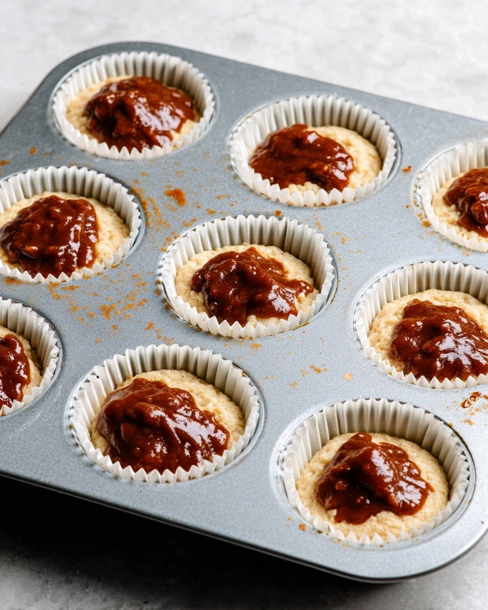 A close-up view of a metal muffin tray containing nine white paper liners filled with light beige muffin batter. Each muffin has a dollop of thick, rich, dark brown sauce spread unevenly on top, creating a textured and glossy layer. The muffins are uncooked, and the tray shows some small spots and stains, resting on a white marbled surface. Photo taken with an iphone --ar 4:5 --v 7