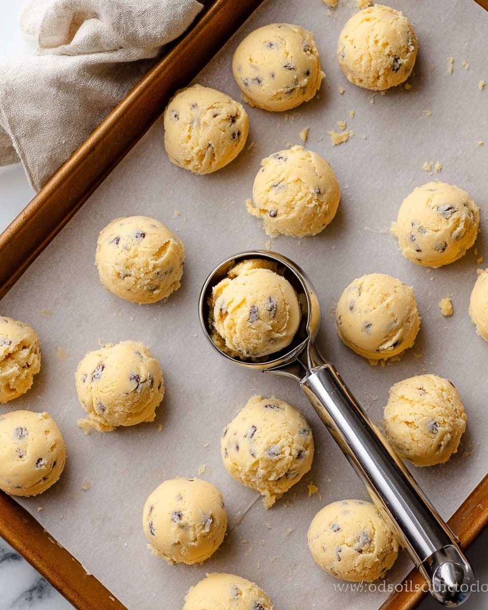 The image shows many small mounds of pale yellow dough with bits of chocolate chips scattered on a parchment paper lined baking sheet. Each dough mound is round and roughly the same size, with a soft, slightly rough texture. A metal ice cream scoop rests in the center, filled with one of the dough mounds, ready to drop more onto the sheet. The background is a white marbled surface with a piece of light-colored cloth tucked in the upper left corner. photo taken with an iphone --ar 4:5 --v 7