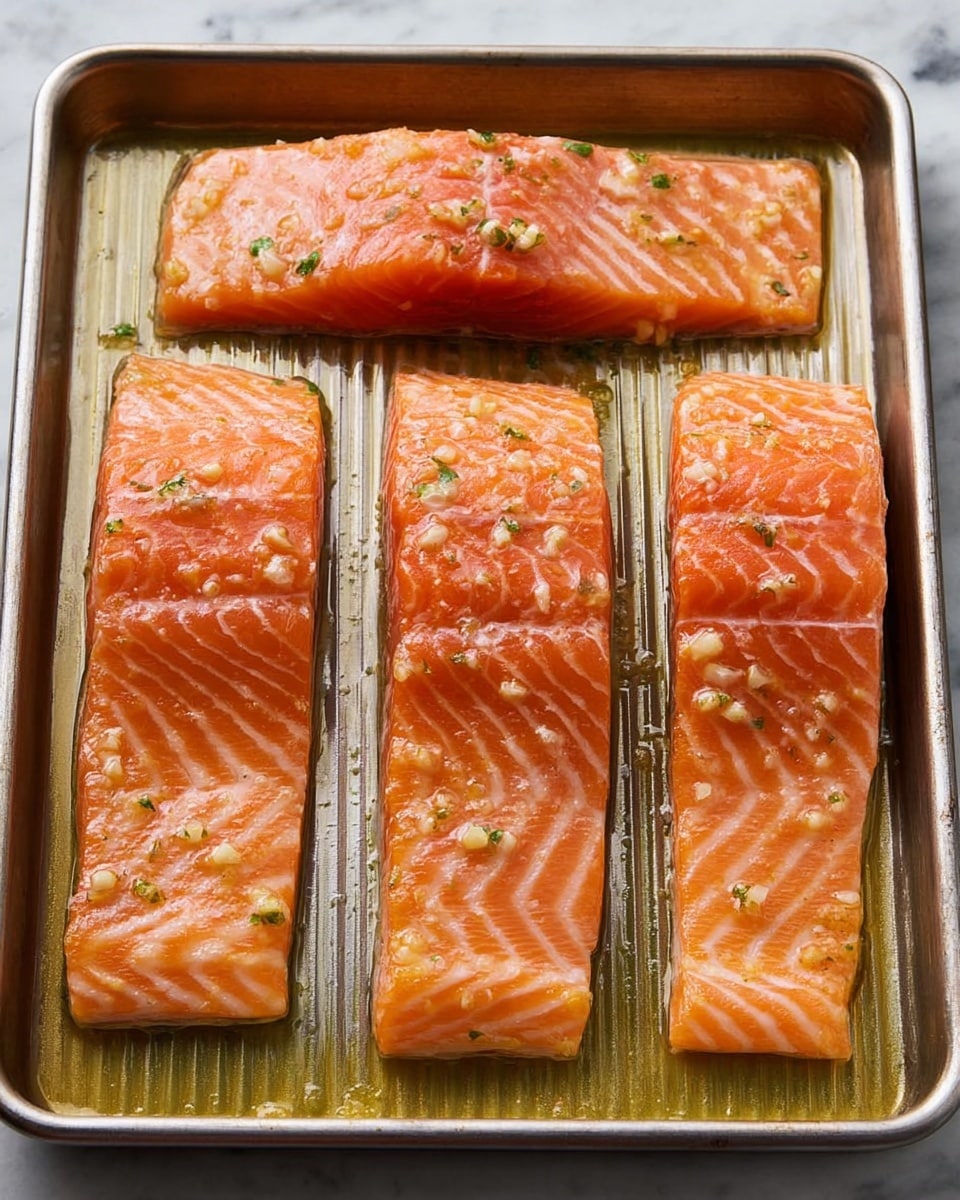 Four thick rectangular salmon fillets are laid out side by side on a metal baking tray with ridged lines. Each fillet has a shiny, orange-pink surface with white lines showing the fish's texture. The fillets are coated in a light sauce with small bits of garlic and herbs scattered on top. The tray sits on a white marbled surface. photo taken with an iphone --ar 4:5 --v 7