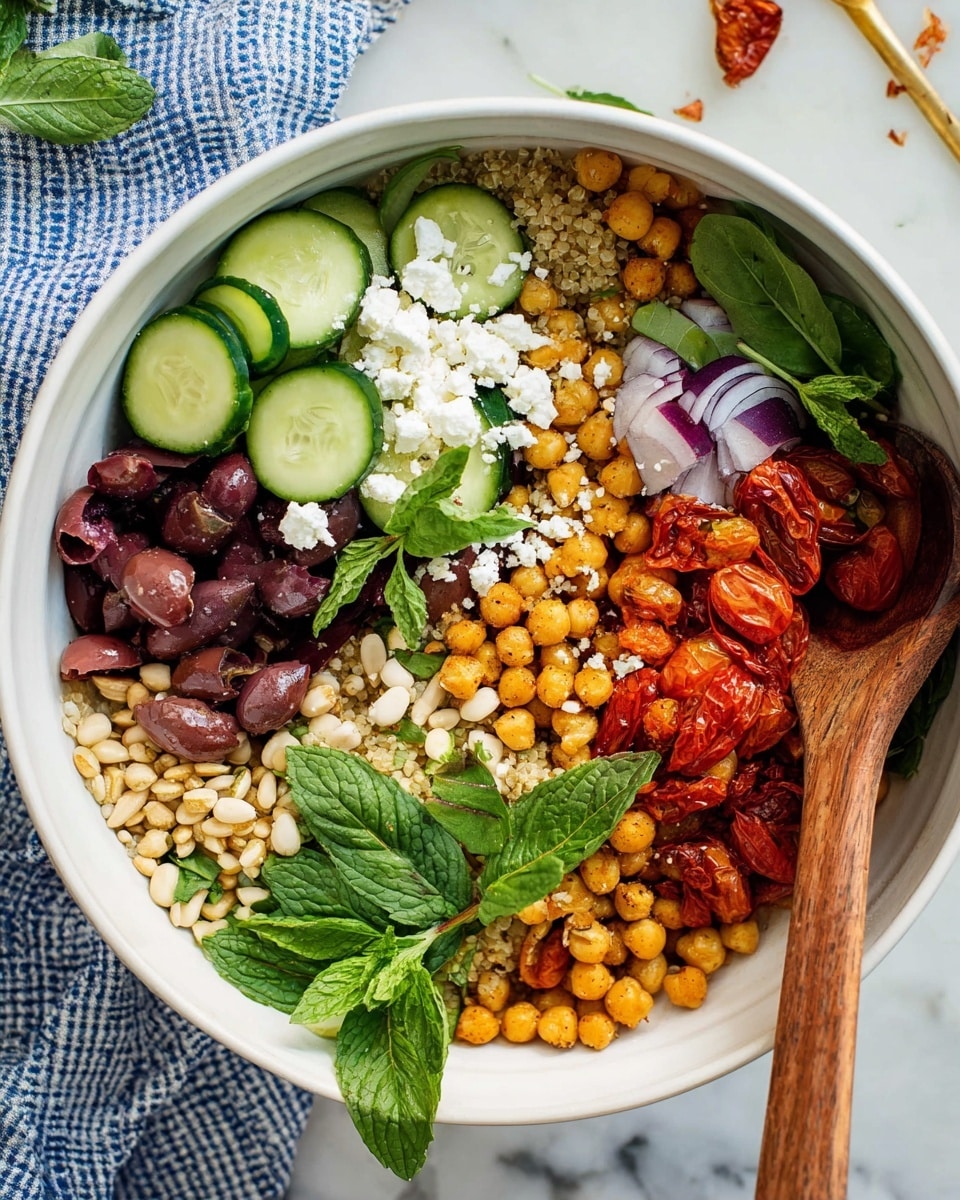 A large white bowl filled with colorful layers of food is shown. Starting from the left side, there are light green cucumber slices topped with dark purple sliced olives and white crumbly cheese. Next to that, small beige pine nuts and small chopped red onions can be seen at the bottom. To the right, a mix of golden-brown roasted chickpeas sits above a layer of light beige quinoa. Bright red roasted cherry tomatoes and fresh green leaves including mint and basil rest on top, scattered around the layers. A polished wooden spoon rests inside the bowl on the right side. The bowl is placed on a white marbled surface with a blue and white checkered cloth at the top of the image. Photo taken with an iphone --ar 4:5 --v 7