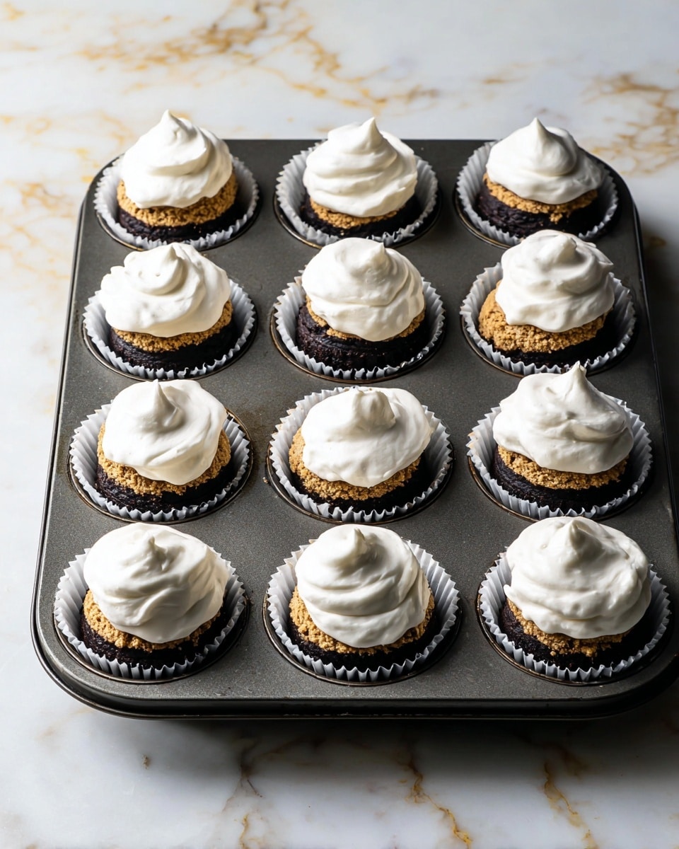 The image shows a dark metal muffin tray holding twelve cupcakes lined with white paper wrappers. Each cupcake has three visible layers: the bottom is a light tan crumbly crust, followed by a thick dark brown chocolate layer in the middle, and topped with a swirl of smooth white frosting that peaks gently in the center. The tray rests on a white marbled surface with soft gray and pale gold veins. The lighting brightens the texture of the frosting and the slightly rough crumb crust, making the colors and layers clear and appealing. photo taken with an iphone --ar 4:5 --v 7