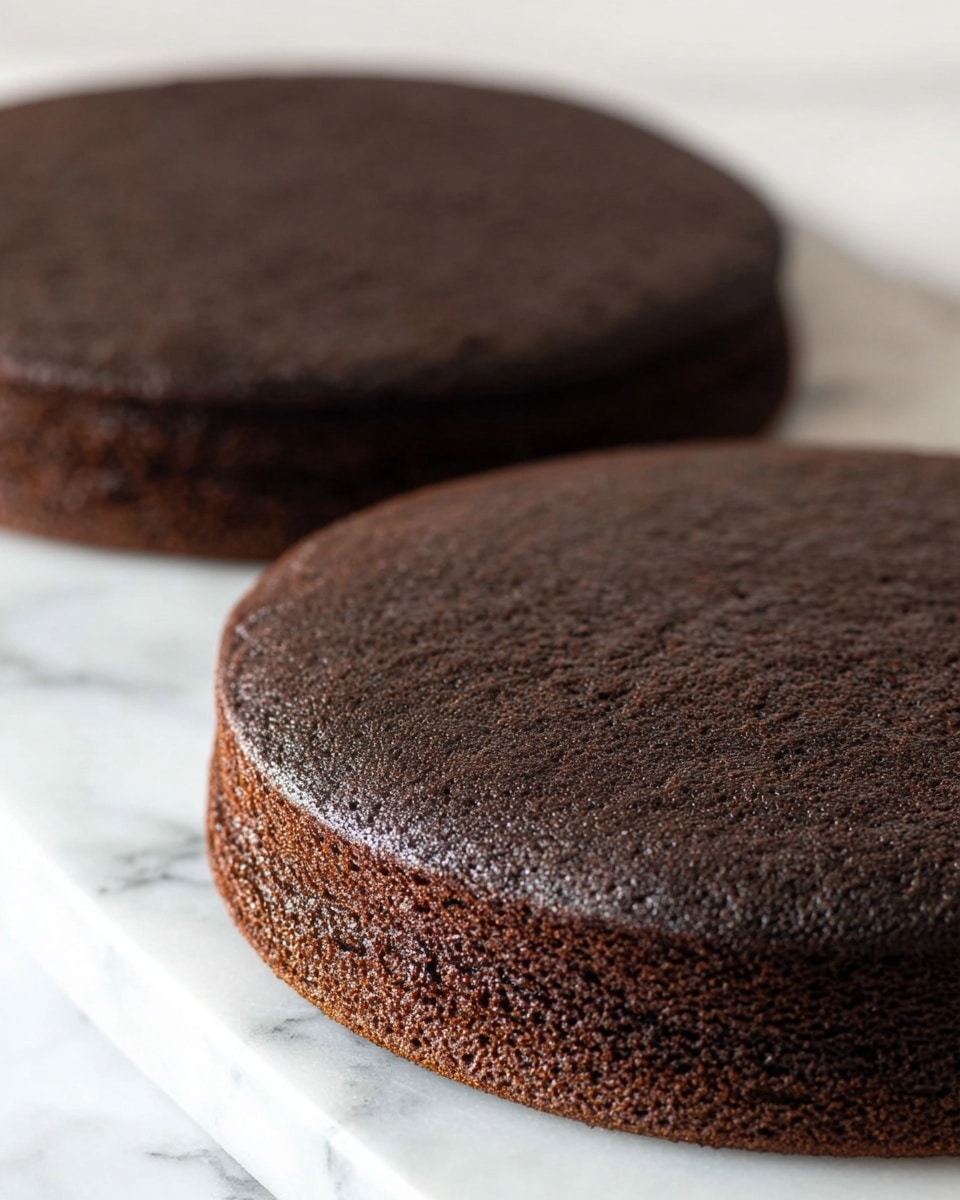 The image shows two round chocolate cake layers placed on a white marbled surface. Each layer has a rich, dark brown color with a smooth top and slightly textured sides. The cakes are thick and look soft and moist, with the one in the front fully visible and the second one slightly blurred in the background. The lighting highlights the deep chocolate tone and the fine crumb texture of the cakes. photo taken with an iphone --ar 4:5 --v 7