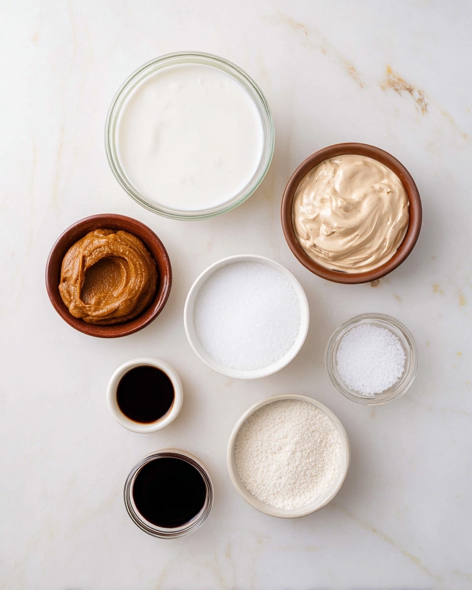 The image shows seven small bowls arranged on a white marbled surface, each holding different ingredients. At the top center is a clear glass bowl filled with a smooth, white liquid. To its left is a small brown bowl containing a thick brown paste. Below this, another clear glass bowl holds a foamy white liquid. To the right of the foamy liquid is a larger white bowl with a creamy, light brown spread. Above this bowl is a medium brown bowl filled with fine white granules. At the bottom left, a small white bowl contains a dark liquid, and beside it to the right is a clear glass bowl with a fine, pale powder. Finally, at the bottom right is a tiny white bowl with a small amount of fine white crystals. The bowls are evenly spaced and neatly arranged on the bright white marbled surface. photo taken with an iphone --ar 4:5 --v 7