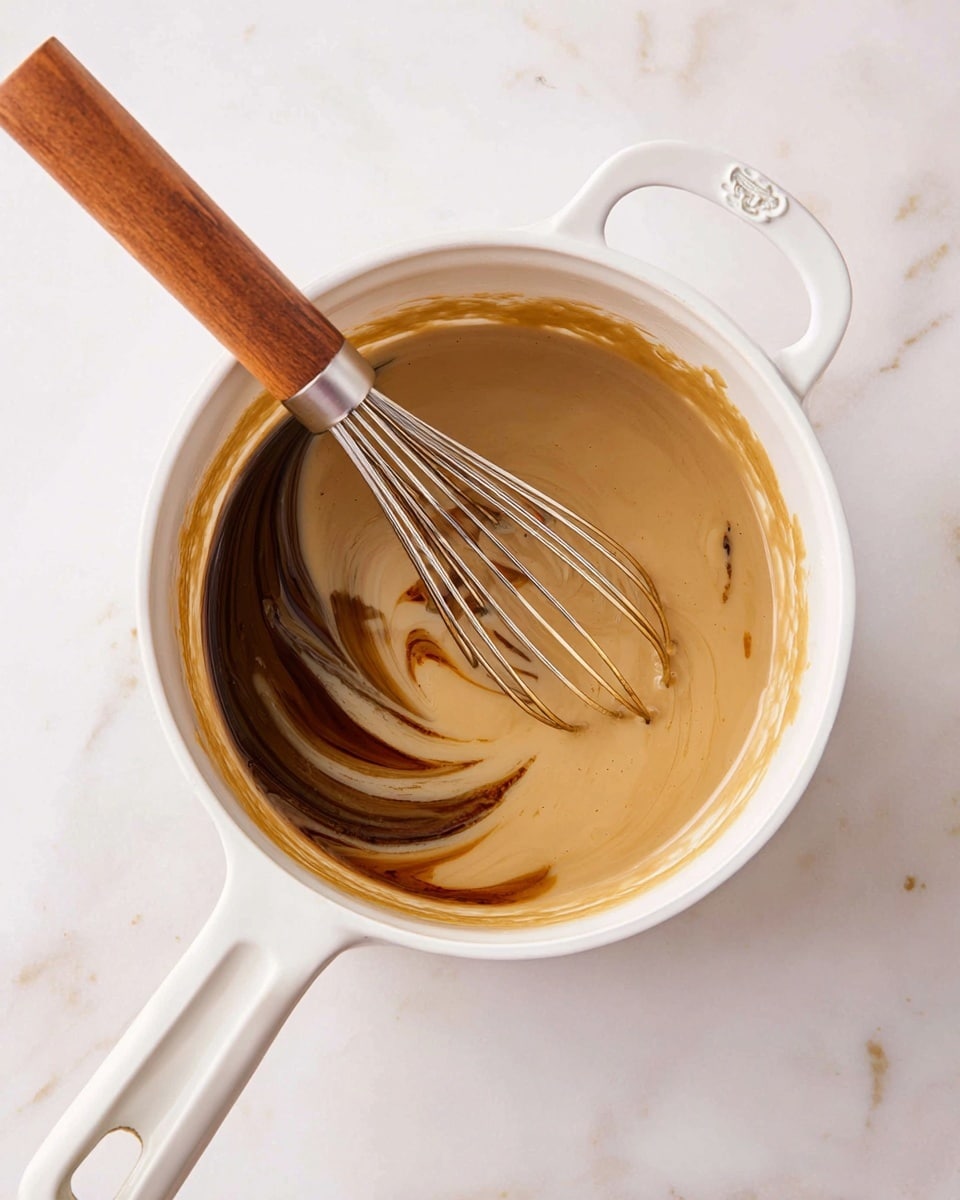 A white pot with a long handle on a white marbled surface holds a smooth light tan sauce with a darker brown swirl. A whisk with a wooden handle is partly dipped in the sauce, mixing the two colors together. The pot’s inner rim has some dark brown sauce marks, and the light sauce looks creamy and thick. Photo taken with an iphone --ar 4:5 --v 7
