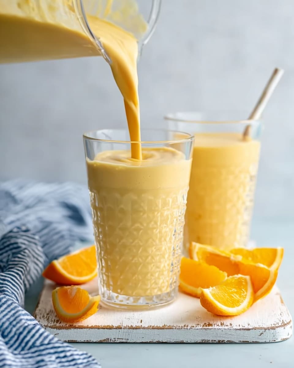 The image shows a close-up of a tall clear glass with textured patterns being filled with thick, creamy orange smoothie from above, forming a smooth stream. In the background, another similar glass filled with the same orange smoothie stands on a white wooden board with chipped paint. Around the glasses, there are bright orange orange slices scattered on a white marbled surface. A striped blue and white cloth is partially visible in the lower left corner, adding a touch of color contrast. The overall scene is bright and fresh with soft natural light. photo taken with an iphone --ar 4:5 --v 7