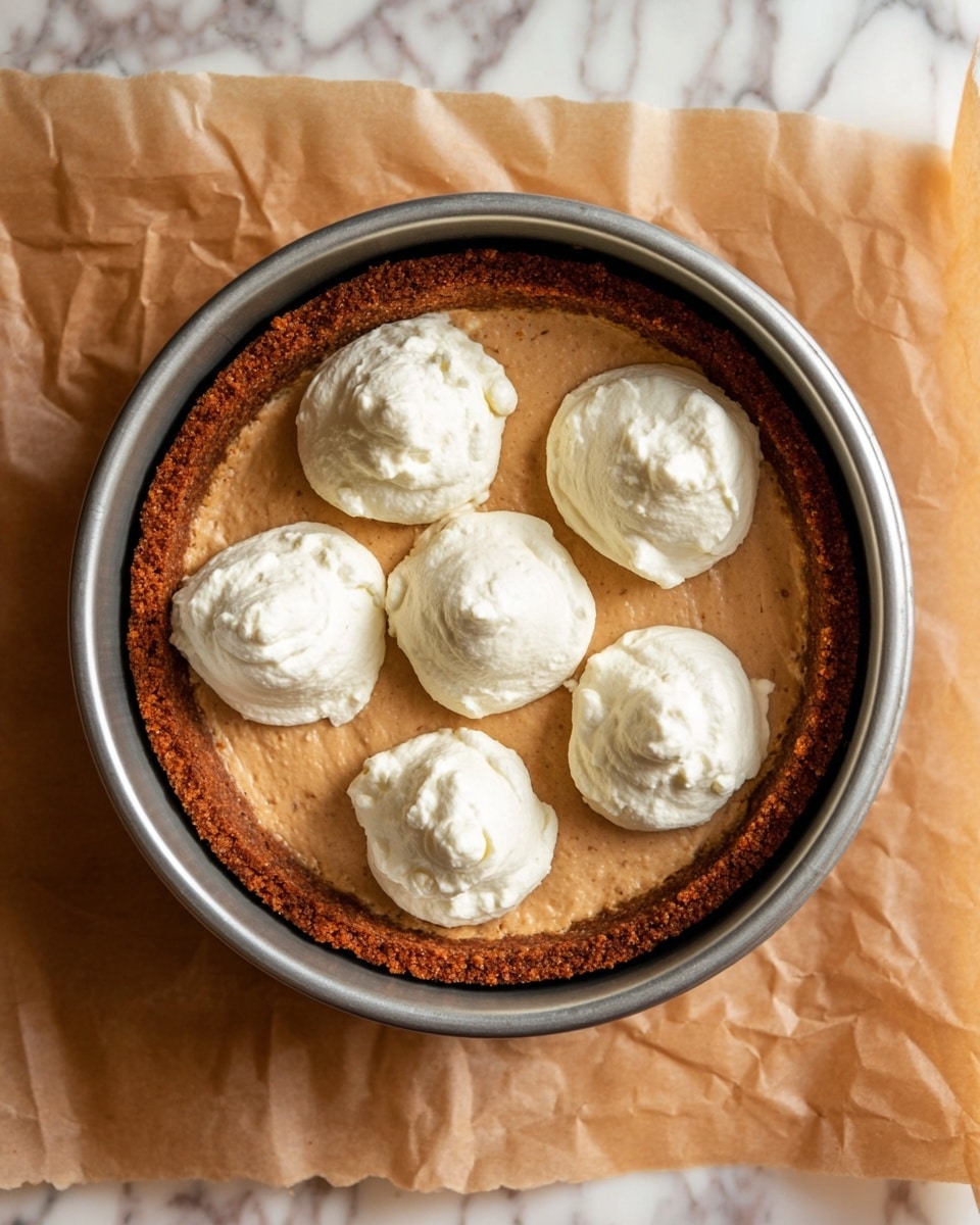 A round dessert is shown inside a silver springform pan with a crunchy brown crust forming the bottom and sides. The middle layer is dense and smooth with a light brown color, spread evenly inside the crust. On top, six dollops of white creamy topping are placed evenly around the center, each with a soft and slightly textured surface. The pan rests on a sheet of brown parchment paper, with a background of a white marbled texture. Photo taken with an iphone --ar 4:5 --v 7