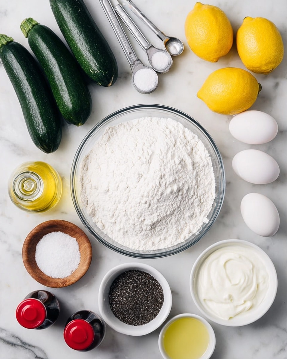 A clear glass bowl is filled with white flour and is placed in the center on a white marbled surface. Surrounding it are three dark green zucchinis on the top left, three whole yellow lemons on the top right, and two white eggs on the left side. On the right side near the lemons is a white bowl with white creamy yogurt, and just below it is a small white bowl with light yellow liquid. Below the flour bowl are two small white bowls with white powdered sugar and sugar grains, a small wooden bowl filled with black seeds, and a white bowl with white baking powder. At the very top, above the flour bowl, are four metal measuring spoons containing white powders, and a glass bottle filled with yellow oil is placed near the lemons. Two small bottles with red caps and dark liquid are on the left side near the eggs. photo taken with an iphone --ar 4:5 --v 7