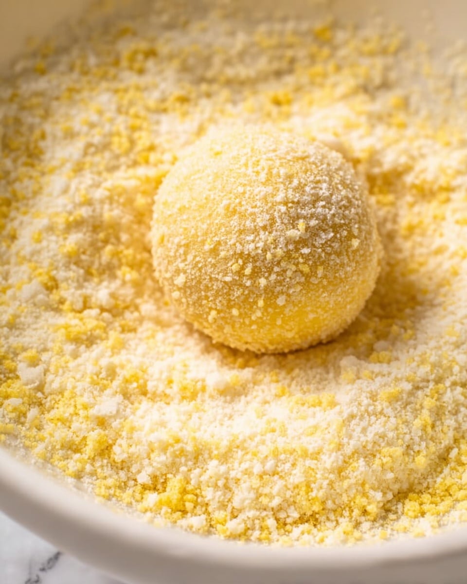 A close-up of a single round yellow dough ball covered in a layer of fine white and yellow breadcrumbs, resting in a shallow white bowl filled with the same breadcrumbs. The breadcrumbs have a slightly coarse texture with small granules mixed evenly across the bowl surface. The background is a white marbled texture that is softly out of focus, emphasizing the dough ball and crumbs. photo taken with an iphone --ar 4:5 --v 7