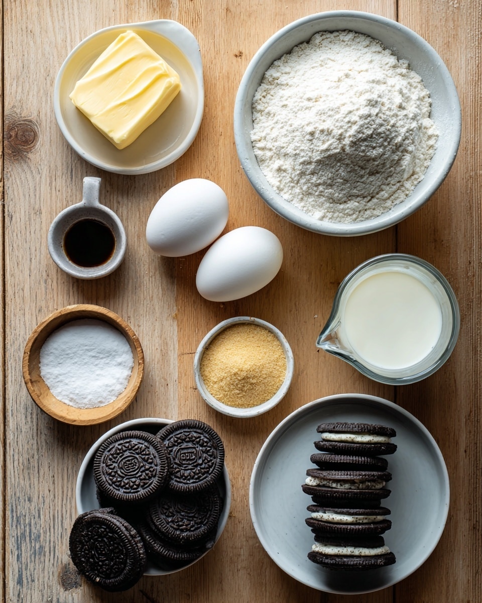 The image shows several baking ingredients arranged neatly on a wooden surface. At the top right, a white bowl holds a mound of white flour with a soft texture. Two white eggs are placed above a small white bowl filled with smooth, melted yellow butter. Next to the butter is a tiny wooden bowl with white baking powder, and nearby is a small dark container with some white salt. Below these, a small white cup contains amber vanilla extract. There is a small white bowl filled with golden brown sugar, and in the center right, a white bowl holds a stack of whole Oreo cookies with dark chocolate outer layers and white cream filling. Finally, a clear measuring cup contains light cream-colored milk. The whole setting is arranged on a warm wooden surface with natural light giving it a fresh look. Photo taken with an iphone --ar 4:5 --v 7