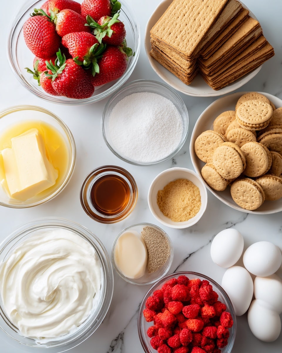 The image shows clear glass bowls arranged on a white marbled surface, each filled with different baking ingredients. In the top left, a bowl has bright red strawberries with green leaves, next to a bowl of light yellow melted butter. To the right, a bowl holds rectangular pieces of light brown graham crackers standing upright. Below these, a bowl contains round golden Oreos stacked together with a light tan color. A smaller bowl filled with white heavy cream sits near the strawberries and Oreos. In the center, a tiny bowl of white salt is placed above a small glass container holding golden brown vanilla extract. To the right, a bowl of small, bright red freeze-dried strawberries is next to a larger bowl of white sugar. At the bottom, a bowl holds four white eggs beside another bowl containing soft, thick white cream cheese. The overall setting is bright with clean, clear glass bowls on a clean white marbled texture. Photo taken with an iphone --ar 4:5 --v 7