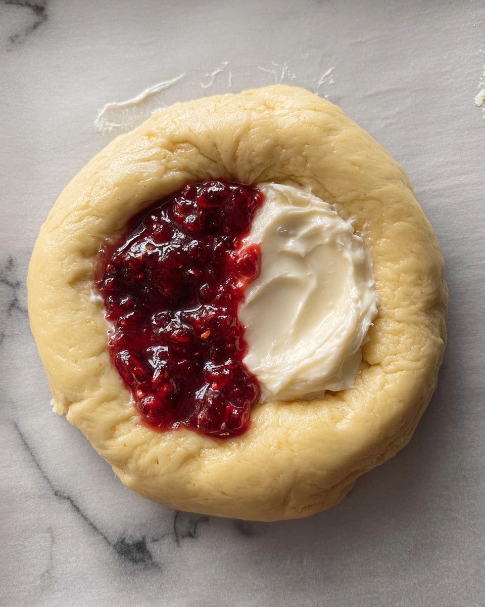 A round, pale yellow dough ring sits on a sheet of parchment paper with a glossy, smooth texture. Inside the center of the dough ring, there are two uneven halves: on one side is a bright red chunky jam with visible fruit pieces, and on the other side is a creamy white spread with a soft, smooth texture. The dough looks soft and slightly shiny as if brushed with an egg wash. The background is a white marbled surface. photo taken with an iphone --ar 4:5 --v 7
