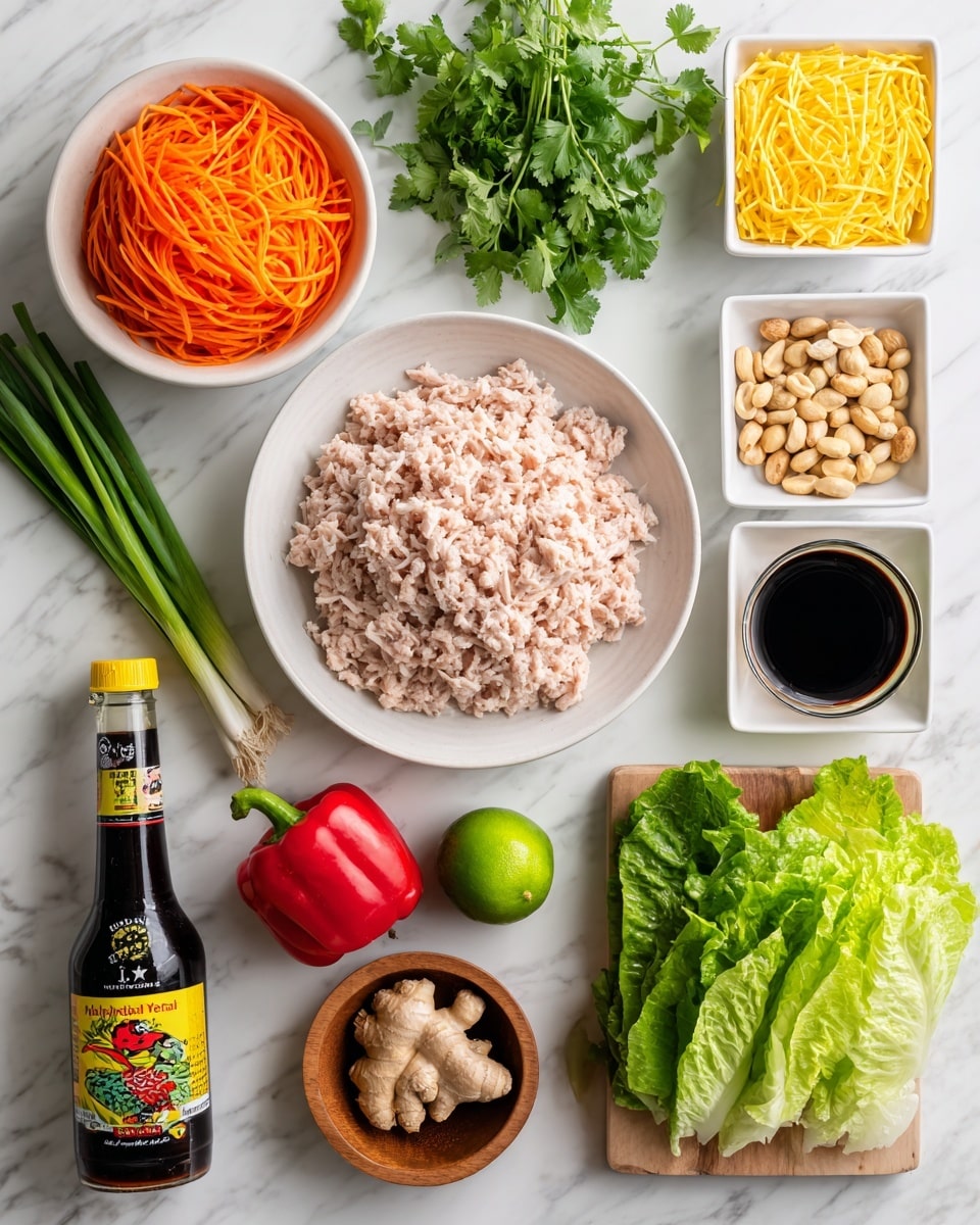 The image shows a collection of fresh ingredients arranged neatly on a white marbled surface. In the center is a large white bowl filled with pale pink ground chicken, with thin, even ridges on top. To the left, a white bowl holds bright orange shredded carrots, and just above it is a bunch of green cilantro with its leafy texture. Below the carrots is a cluster of green onions with white bulbs at the bottom. Near the top right, a pile of deep green lettuce leaves and a dark green lime are placed side by side. A bright red bell pepper sits below the lime, next to a few loose lettuce leaves. In small white containers are light brown brown sugar, pale beige peanuts, and fresh yellow ginger root. A small wooden bowl holds a few cloves of garlic. At the bottom left are three bottles: a large black soy sauce bottle with a colorful label, a shorter sesame oil bottle with a yellow cap, and a dark fish sauce bottle. On the far right is a yellow container of corn starch with clear text. A small glass bowl of clear yellow oil completes the spread at the top right. photo taken with an iphone --ar 4:5 --v 7