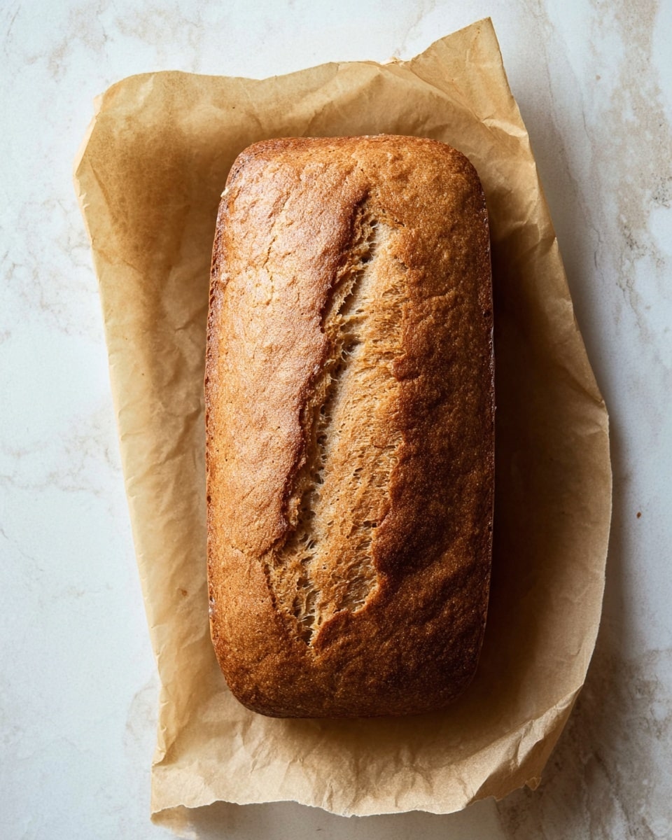 A single loaf of bread with a golden-brown crust lies on a piece of light brown parchment paper. The bread has a slightly cracked surface running down the middle and rounded edges with a firm texture. The parchment paper sits on a white marbled surface, adding a subtle contrast to the bread's warm tones. No other objects or layers are visible in the image. photo taken with an iphone --ar 4:5 --v 7