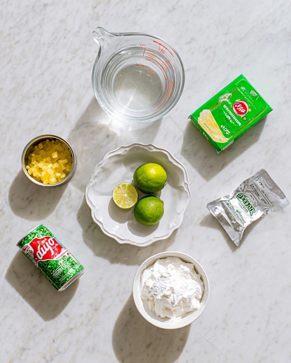 A white marbled surface holds various ingredients spaced apart: at the top center is a clear glass measuring cup filled with water, to its left is an opened can filled with small yellow chunks, likely pineapple; below the can is a white plate with a wavy rim holding three green lime halves arranged in a triangular shape; to the right of the glass cup is a green box of lime-flavored Jell-O; further right is a packet of cream cheese wrapped in silver foil; near the bottom left is a small green soda can with red and white accents; and at the bottom right is a white bowl filled with fluffy whipped cream. photo taken with an iphone --ar 4:5 --v 7