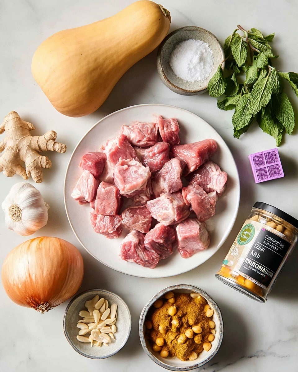 A white plate filled with many pieces of raw pink meat is placed on a white marbled surface. Around the plate are various ingredients: a whole yellow onion, a long beige butternut squash, a bunch of fresh green mint leaves, a small container with white powder, three cloves of garlic, a small bowl with sliced almonds, a can of chickpeas with a black label, a jar labeled