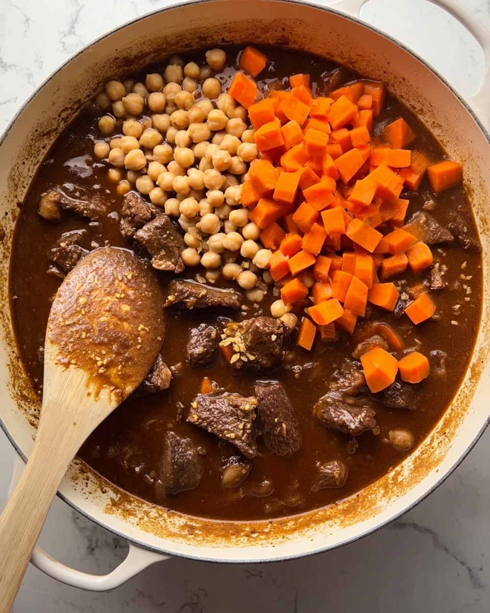 A white pan filled with a dark brown stew that has chunks of meat scattered throughout. On one side, there is a pile of orange diced carrots and light beige chickpeas being poured in. A wooden spoon with food stains rests inside the pan. The pan is set on a white marbled surface. photo taken with an iphone --ar 4:5 --v 7