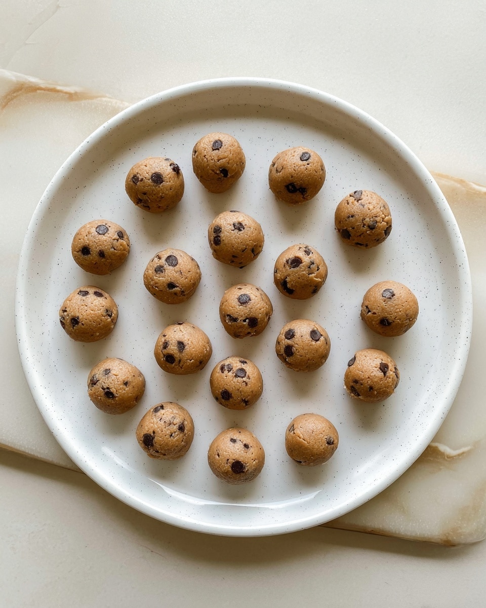 A white round plate with tiny black speckles holds sixteen small, evenly spaced, round cookie dough balls with chocolate chips scattered through each one. The dough balls are light brown with dark brown chips visible on their surfaces. The plate sits on a white marbled textured surface with soft beige and light brown veins. The overall look is neat and simple with a homemade feel. photo taken with an iphone --ar 4:5 --v 7