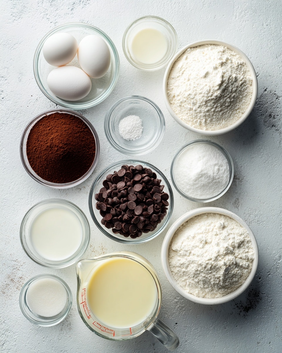 The image shows several clear and white dishes with ingredients arranged on a white marbled surface. Starting from the top left, there is a small clear bowl containing white eggs, to its right a small clear bowl with white salt, next to it a small clear bowl filled with dark brown chocolate chips, and then a small clear measuring cup holding clear hot water with a slight reddish tint from the measurement marks. To the right, a large white bowl is full of white sugar. On the middle left, a clear bowl holds dark brown cocoa powder, to its right a small clear bowl with white baking soda, next to that a small clear bowl with white powdered sugar, and a small clear bowl with vanilla extract. Below these, a clear glass measuring cup contains a pale yellow liquid, sweetened condensed milk. To the right of it, a clear measuring cup with slightly off-white heavy whipping cream, followed by a small clear cup of white milk. Lastly, on the bottom right, a large white bowl holds white all-purpose flour. The scene is clean and organized, all items positioned neatly on the white marbled surface photo taken with an iphone --ar 4:5 --v 7