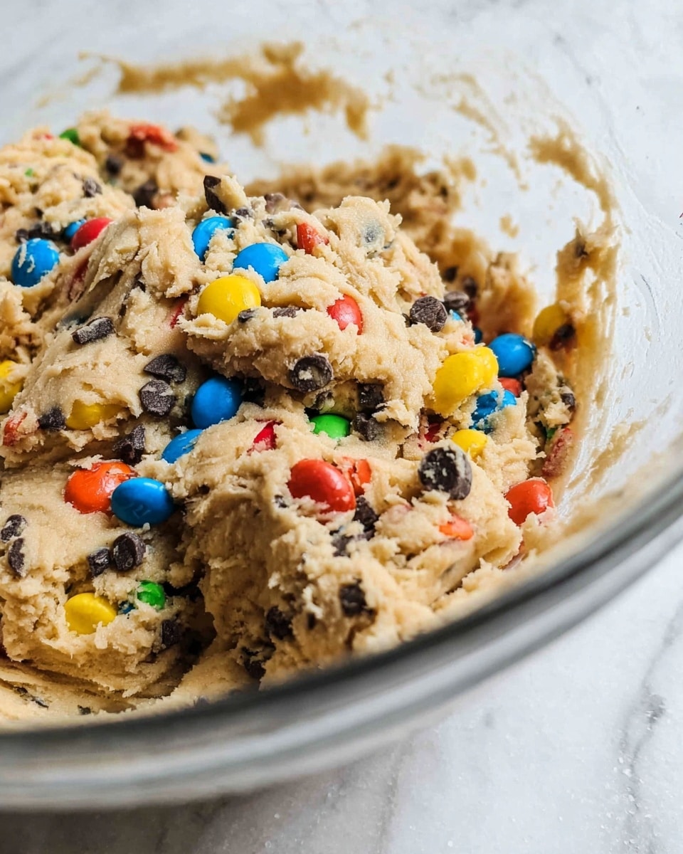 A close-up of a clear glass bowl filled with thick, light brown cookie dough mixed with small colorful candy-coated chocolates in red, yellow, blue, green, and orange, plus tiny dark chocolate chips scattered throughout the dough. The dough appears soft and slightly sticky with some chunks clinging to the sides of the bowl. The background surface is a white marbled texture. photo taken with an iphone --ar 4:5 --v 7
