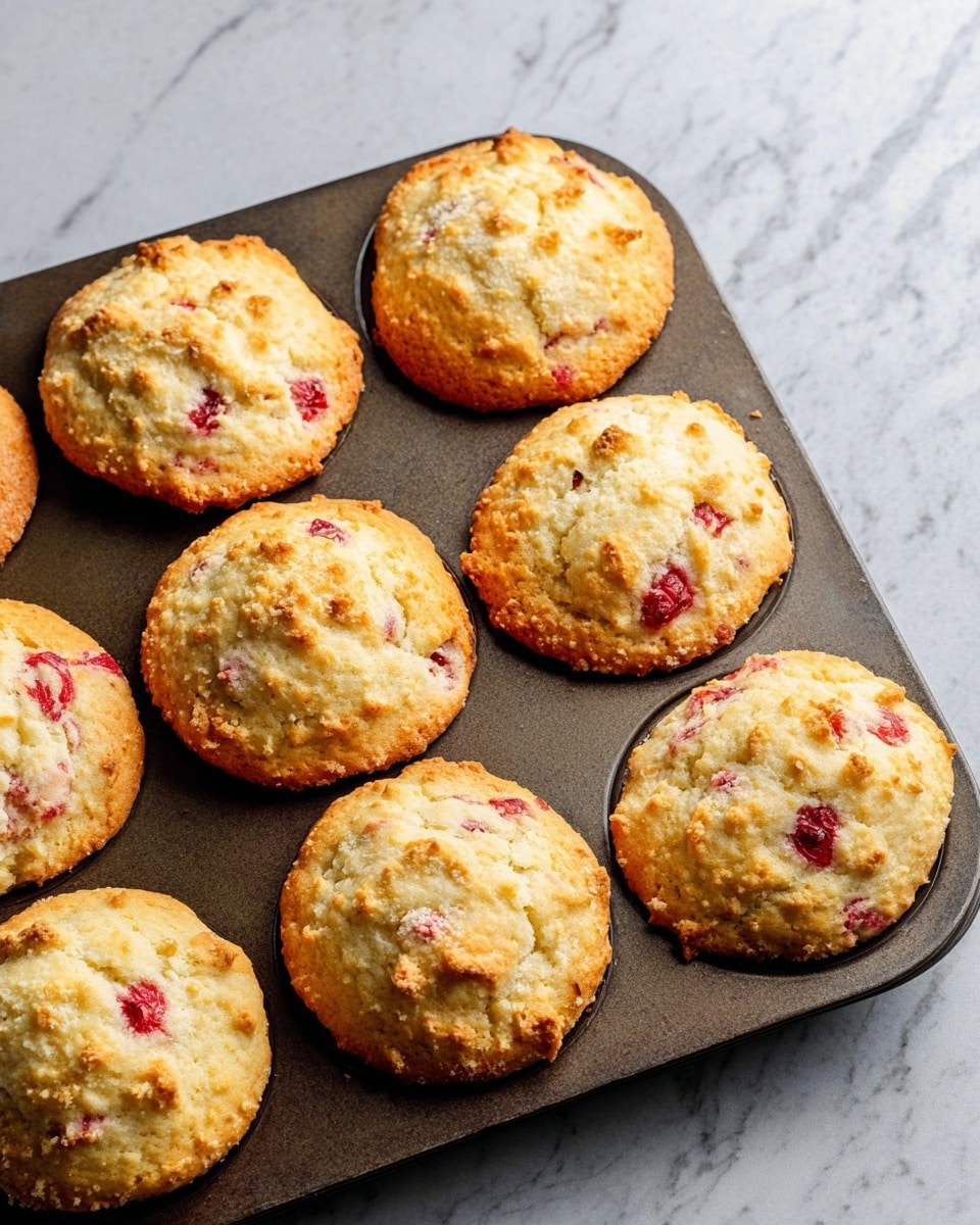 There are ten golden brown muffins with a slightly rough texture, each with small red spots of fruit inside, sitting in a dark metal muffin tray. The muffins look soft and slightly cracked on top, showing a light, fluffy inside. The tray is on a white marbled surface that makes the warm colors of the muffins stand out. photo taken with an iphone --ar 4:5 --v 7