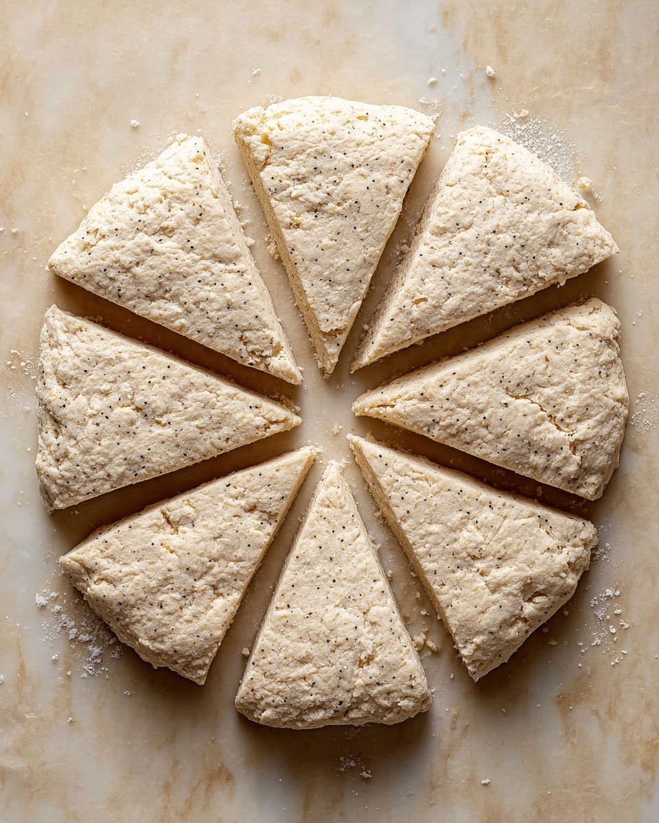 Eight triangular pieces of dough are arranged in a circle on a light brown paper, resembling a flower shape with space in the middle. Each piece has a rough texture with small cracks and specks of flour on the surface. The dough is pale beige with visible tiny dark grains or seeds. The background is a white marbled texture. photo taken with an iphone --ar 4:5 --v 7