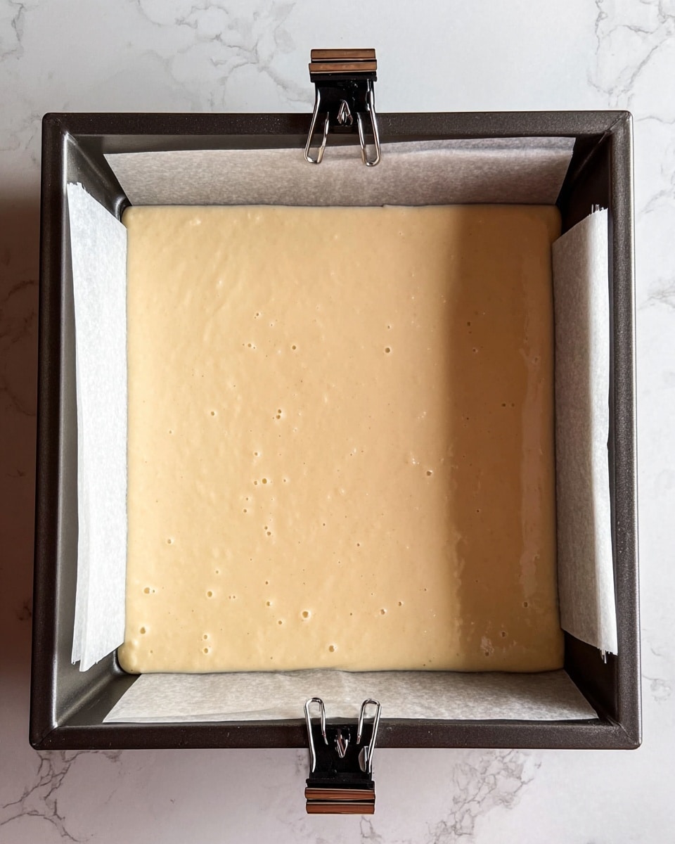 A square baking pan lined with white parchment paper held in place by black metal clips contains one thick, smooth batter layer. The batter is pale beige with a few small bubbles on the surface, evenly spread out and filling the pan almost to the edges. The pan rests on a white marbled surface. Photo taken with an iphone --ar 4:5 --v 7