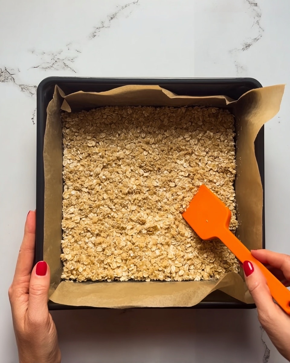 A square black baking pan lined with light brown parchment paper holds one thick layer of light golden oat mixture spread evenly across the pan. A woman's hand with red nail polish holds the pan on the left side, while another woman's hand holds an orange silicone spatula pressing down and smoothing the top right corner of the oat layer. The pan is placed on white marbled surface. photo taken with an iphone --ar 4:5 --v 7