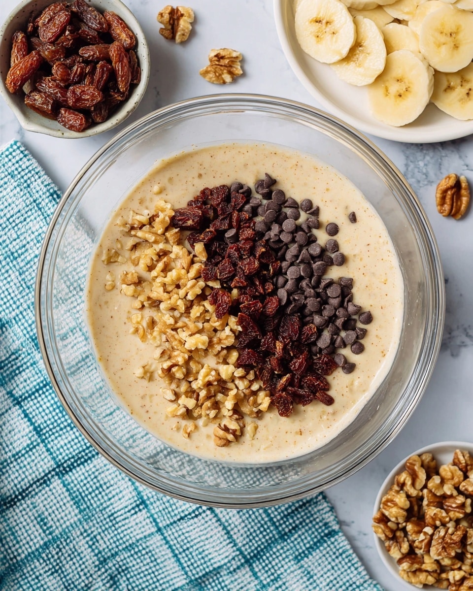 A clear glass bowl sits on a white marbled surface, filled with light beige batter. On top of the batter are three distinct piles arranged side by side: small dark brown chocolate chips, finely chopped light golden walnuts, and chopped dark brown dates. Around the bowl, there are two smaller white dishes—one with more chopped dates and the other with chocolate chips—and a white plate with light yellow banana slices. A blue cloth with white checks is placed nearby, adding contrast to the light background. photo taken with an iphone --ar 4:5 --v 7