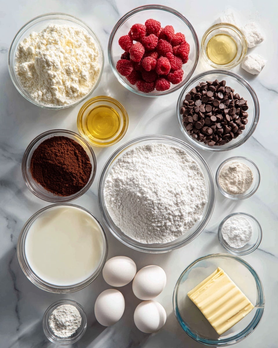 The image shows many clear glass bowls and measuring cups on a white marbled surface, each filled with different baking ingredients. There is a large bowl filled with fine white powdered sugar near the bottom right and another large bowl holding small round chocolate chips, located upper right. Around these, medium clear bowls contain red raspberries, deep brown cocoa powder, and white all-purpose flour that look soft and powdery. Smaller glass measuring cups hold light yellow vegetable oil, white granulated sugar, heavy cream, and milk with a pale creamy color. Two white eggs are placed together in a small round glass bowl near the center. A small bowl shows cornstarch which looks like fine white powder, while three small portions labeled baking soda, baking powder, and salt fill tiny clear bowls arranged on the right. A stick of butter wrapped partially in paper with yellow and blue can be seen near the bottom middle. The scene looks clean, organized, and fresh, with bright light enhancing the clear and natural colors of each ingredient photo taken with an iphone --ar 4:5 --v 7