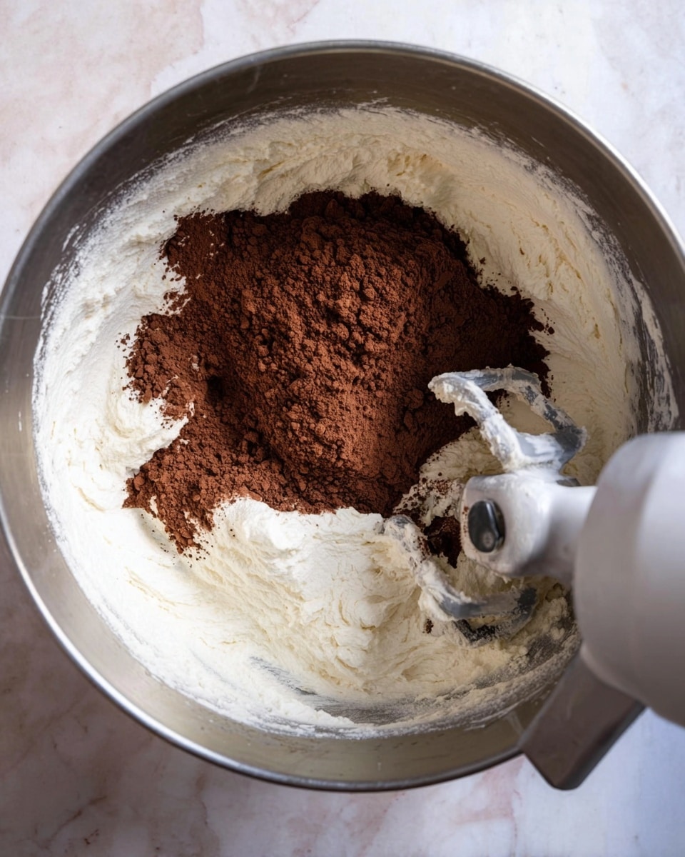 A close-up view inside a metal mixing bowl shows two main layers of ingredients: a thick, fluffy white cream base around the edges and a pile of dark brown cocoa powder in the center. The texture of the white cream looks soft and smooth, while the cocoa powder on top is dry and rich in color. A mixing attachment is partially covered with the cream and rests on the right side of the bowl. The bowl sits on a white marbled surface. photo taken with an iphone --ar 4:5 --v 7