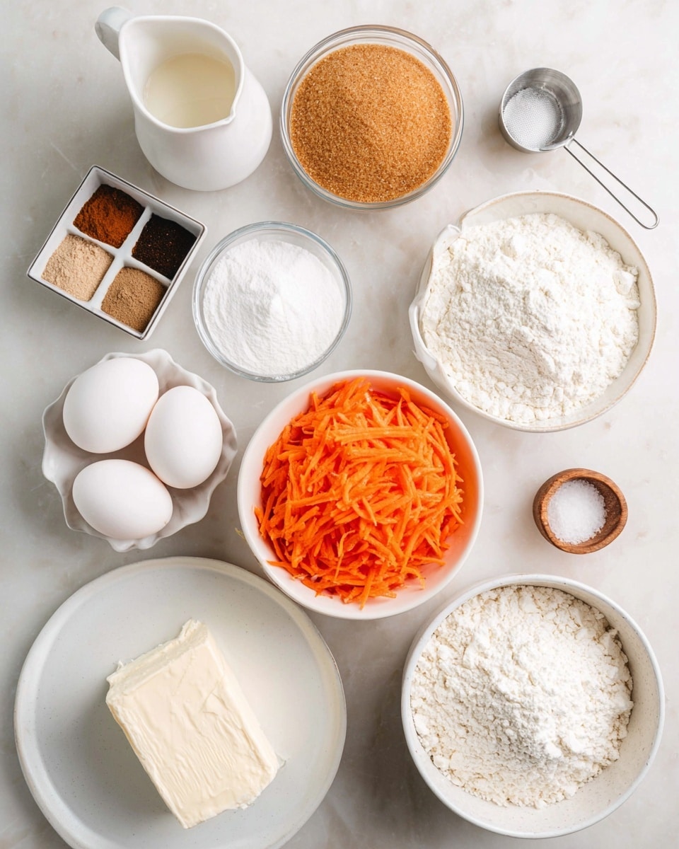The image shows a flat white marbled surface with several bowls and dishes holding baking ingredients arranged neatly. There is a white plate holding a block of cream cheese on the left bottom, next to it is a small white bowl with three white eggs. To the right is a white bowl filled with shredded bright orange carrots. Above this bowl, there is a metal measuring cup filled with light brown sugar. Next to it is a larger white bowl filled with white flour. Above the flour is a small clear glass bowl with a white powder. On the top left, a square silver bowl contains three different ground spices in brown shades. Between the spices and flour, a white ceramic jug contains a light cream-colored liquid, while a small brown bowl with salt sits between the egg plate and the flour bowl. Photo taken with an iphone --ar 4:5 --v 7