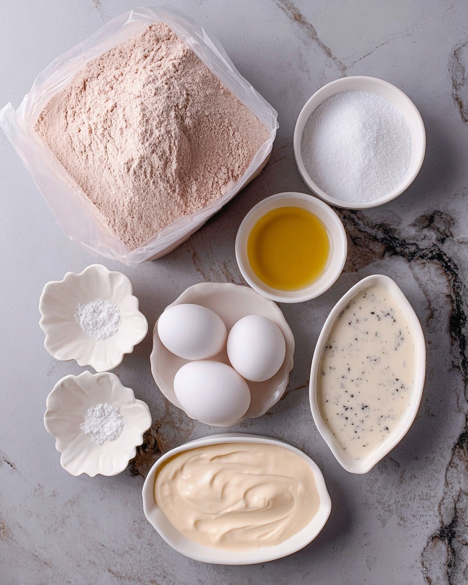 The image shows baking ingredients arranged on a white marbled surface: a large clear plastic bag filled with light brown powder on the top left, a small white bowl with golden liquid on the top right, a white bowl filled with white sugar below it, and a small white bowl containing three white eggs below that. Near the center left, there is a small white flower-shaped dish with a bit of white powder. Two white oval dishes are placed at the bottom, one with a light beige creamy mixture and the other with a white creamy mixture with small dark specks. Photo taken with an iphone --ar 4:5 --v 7