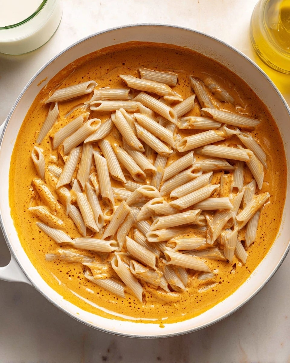 The image shows a white pan with a thick orange sauce spread over the bottom and sides. On top of the sauce, there is a single layer of light beige penne pasta scattered, some overlapping, with visible ridges and hollow centers. The sauce has a smooth, creamy texture with some darker specks. The background surface is white marble, and there is a glass of white liquid and a yellow bottle partially visible on the edges. photo taken with an iphone --ar 4:5 --v 7
