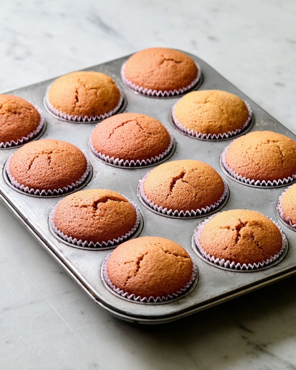 A metal muffin tray holds ten fresh-baked muffins, each nestled inside white paper liners. The muffins have a soft, smooth top with a light brown color and subtle cracks, showing a tender texture. The tray sits on a white marbled surface that adds a clean and simple background to the warm tones of the muffins. The lighting highlights the muffins evenly, showing their round and slightly domed shape. photo taken with an iphone --ar 4:5 --v 7