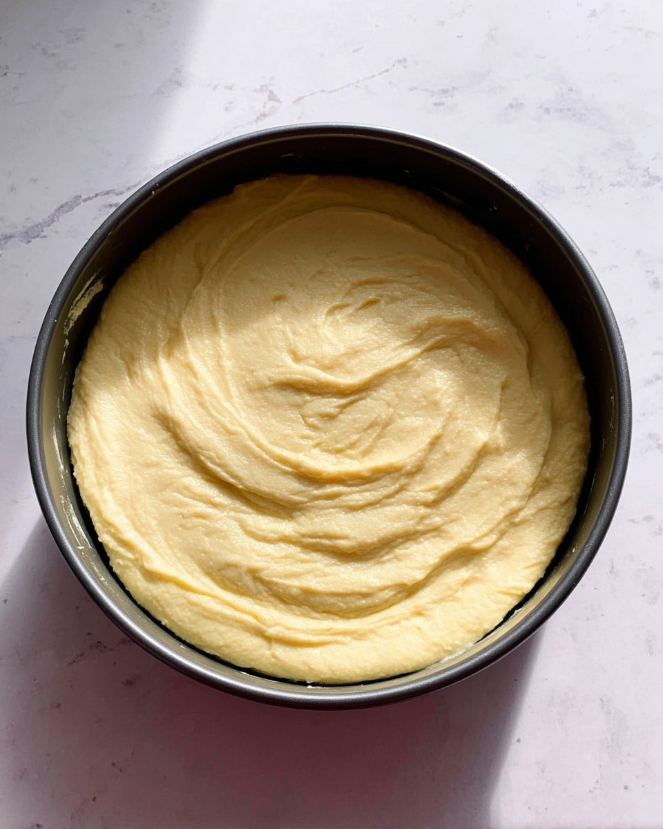 A single layer of smooth, pale yellow batter spread evenly inside a round dark pan; the batter has some visible swirls and soft peaks from spreading, showing a creamy texture. The pan is placed on a white marbled surface. photo taken with an iphone --ar 4:5 --v 7