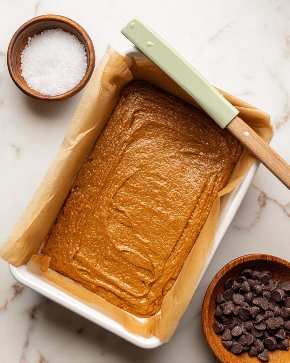 A rectangular white baking pan lined with brown parchment paper holds one even layer of smooth, thick, orange-brown batter spread flat inside. A pale green spatula with some batter on its tip rests partially inside the pan at the corner. Around the pan are a small white bowl filled with coarse white salt at the top right and a round wooden bowl full of dark chocolate chips at the bottom left, all placed on a white marbled surface. photo taken with an iphone --ar 4:5 --v 7