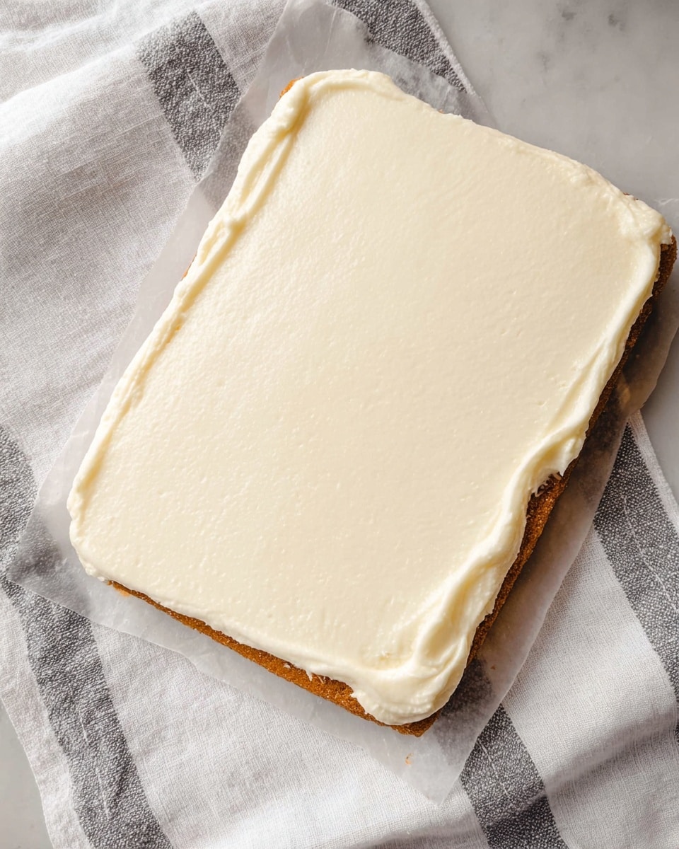 A square cake layer with a golden brown color and slightly rough texture forms the base. It is topped with one smooth, even layer of creamy white frosting spread neatly across the entire surface. The cake sits on a white marbled cloth with soft gray stripes beneath it. photo taken with an iphone --ar 4:5 --v 7